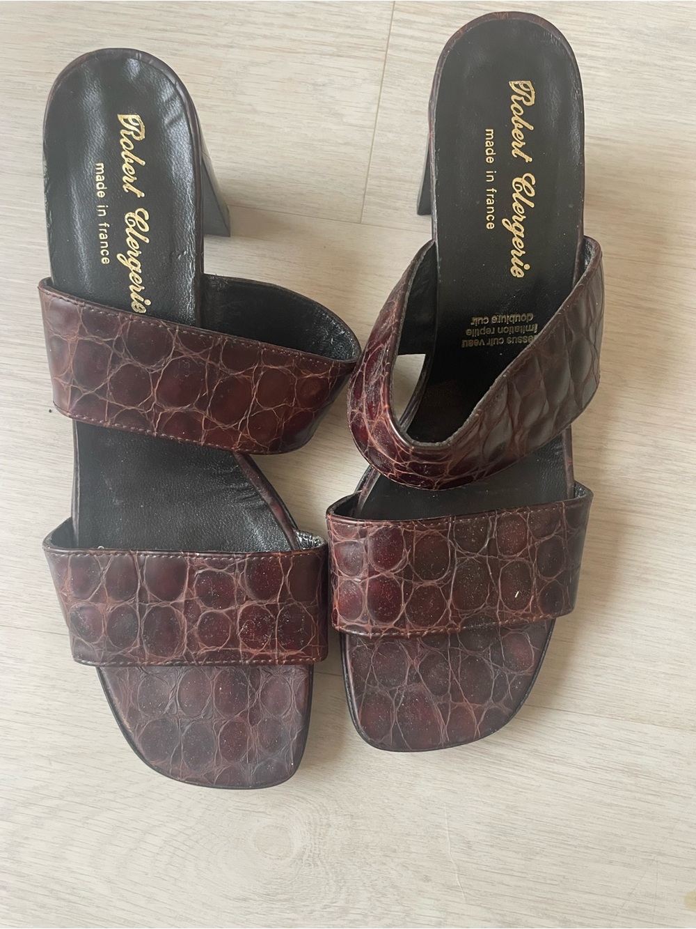 Robert Clergerie Brown Croc-Embossed Leather Double-Strap Block Heel Mules